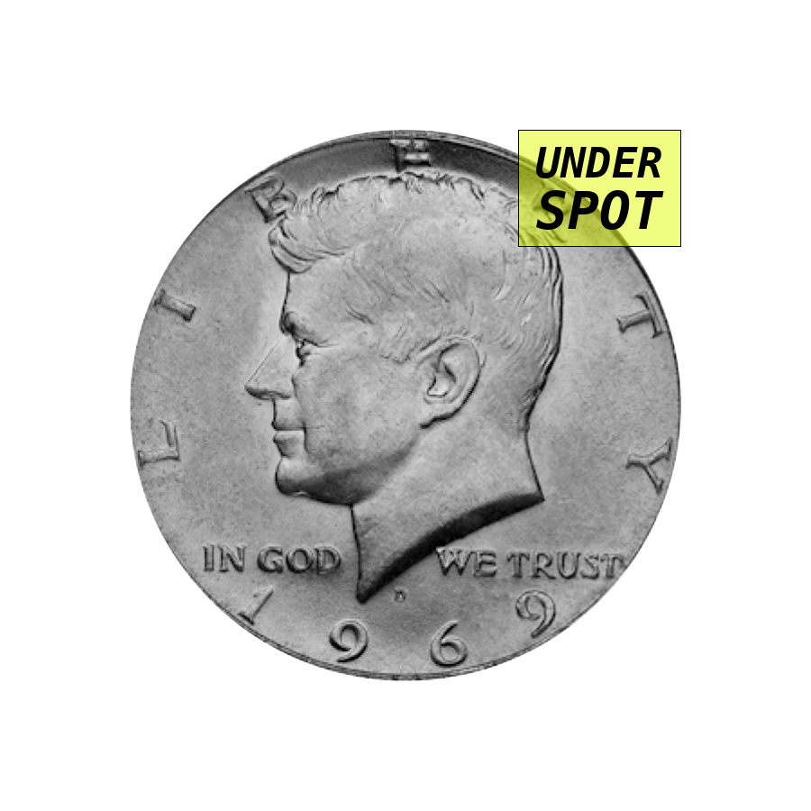 Kennedy half dollar 1965-70, 40% silver - front - under spot