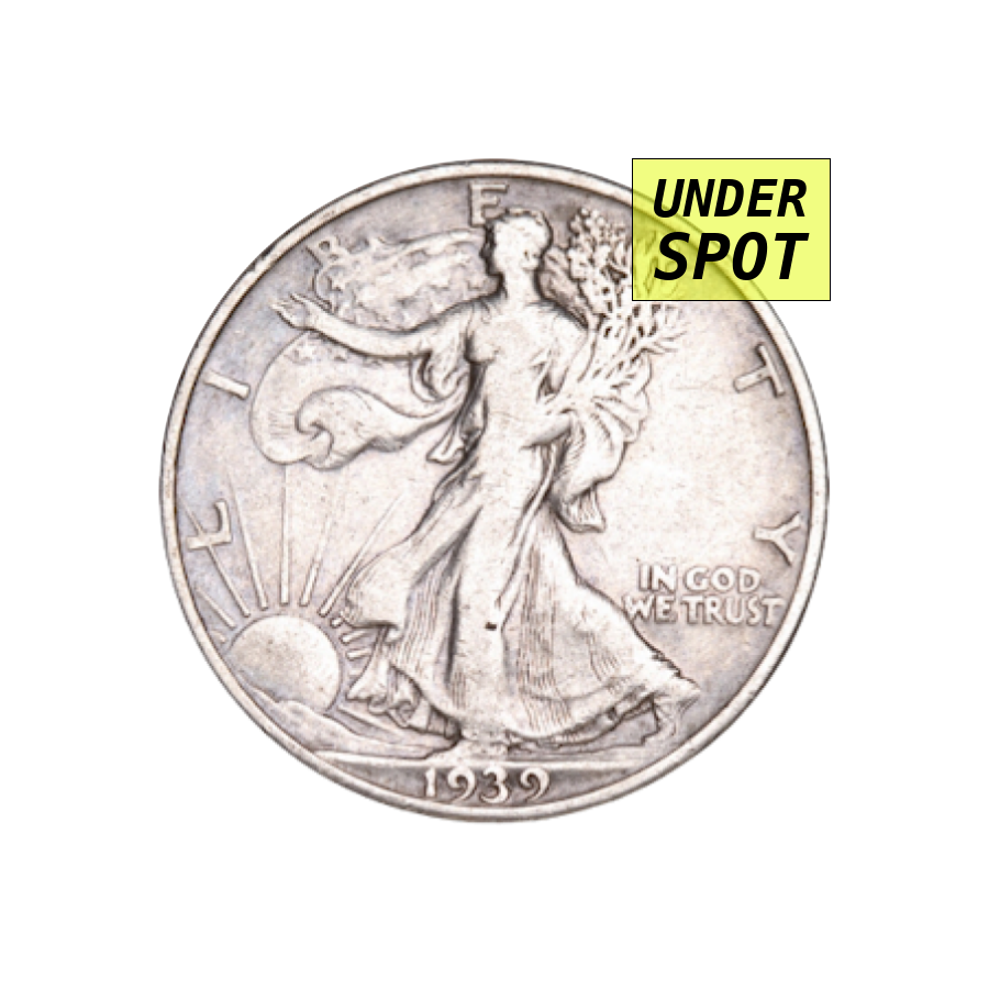 Walking Liberty half dollar, 90% silver - front - under spot
